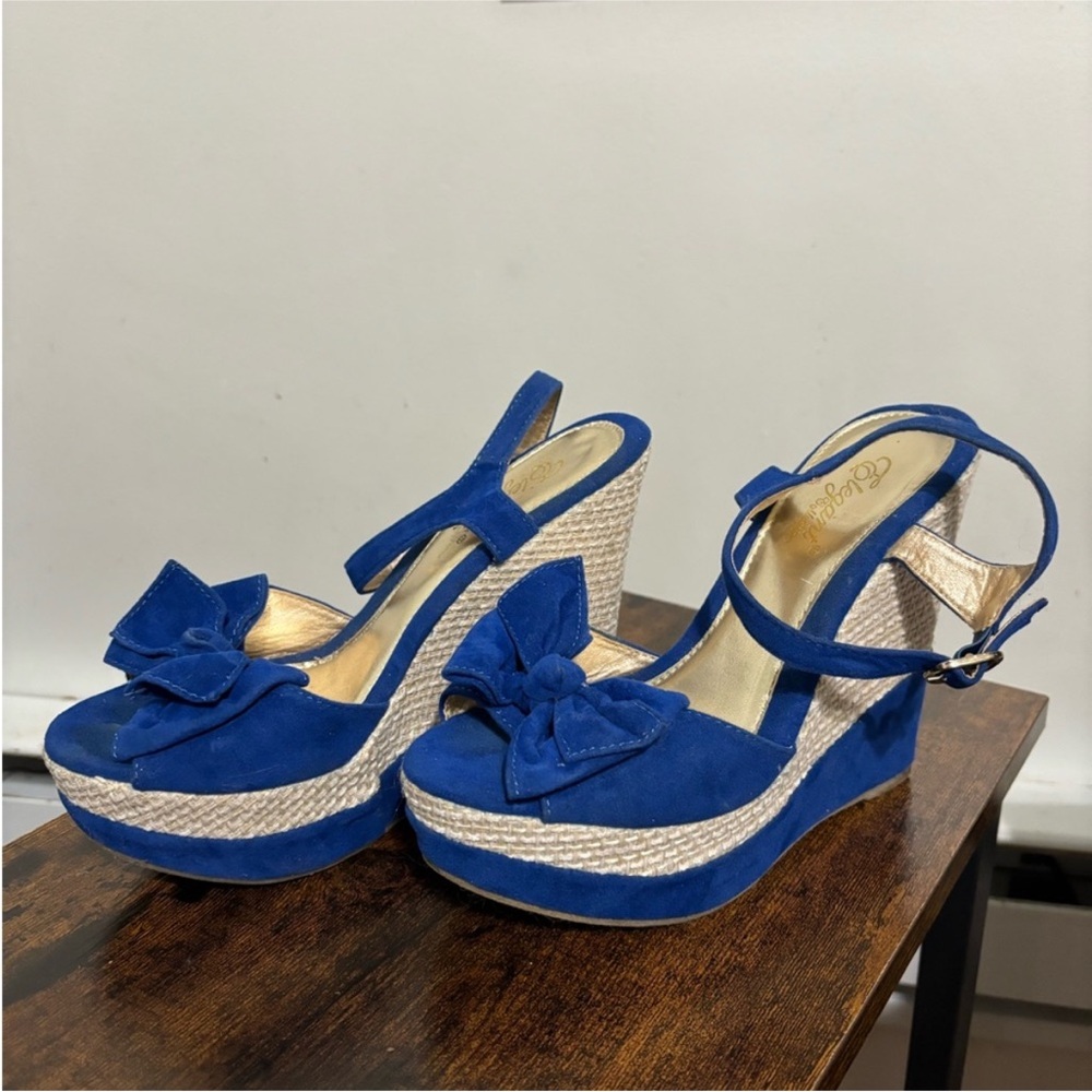 Blue Suede Wedge Sandals